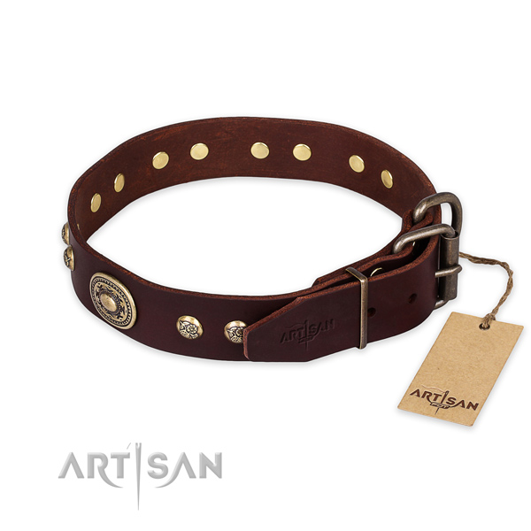 Rust-proof D-ring on full grain natural leather collar for basic training your doggie