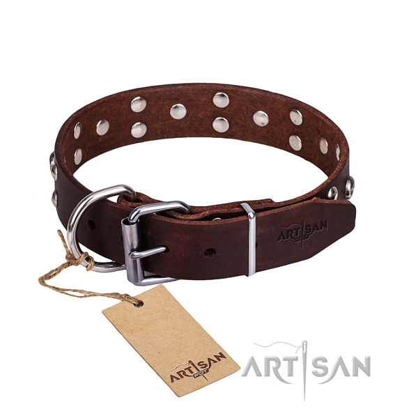 Comfortable wearing dog collar of top quality genuine leather with decorations