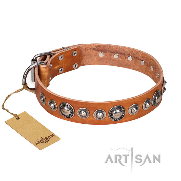 Natural genuine leather dog collar made of soft to touch material with rust-proof hardware