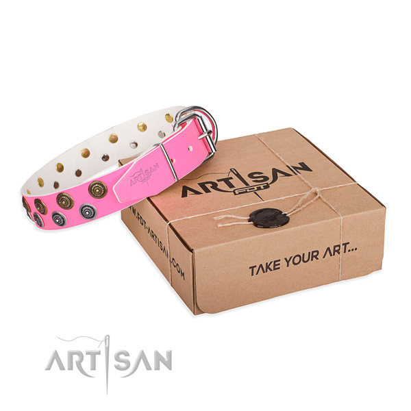 Easy wearing dog collar of top quality natural leather with embellishments