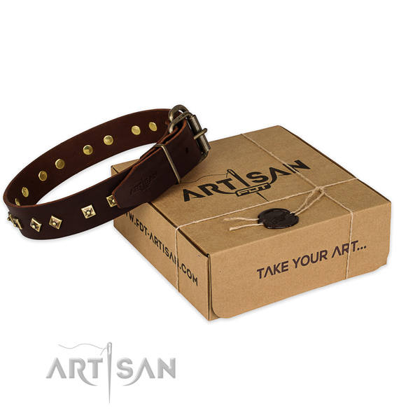 Durable traditional buckle on genuine leather dog collar for handy use