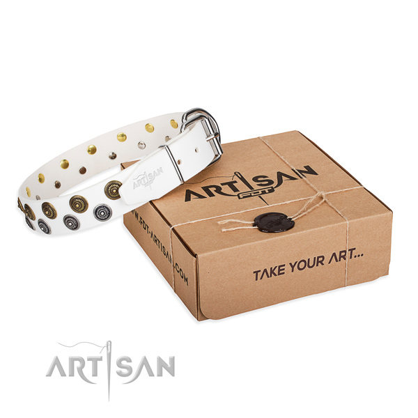 Handy use dog collar of fine quality leather with studs
