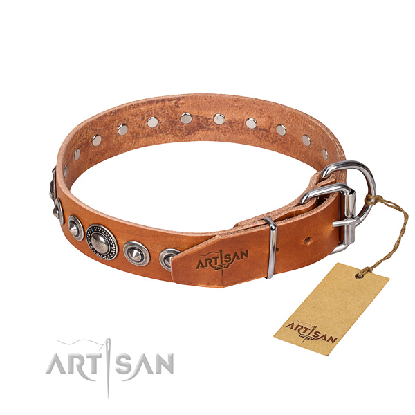 Full grain genuine leather dog collar made of soft to touch material with strong adornments