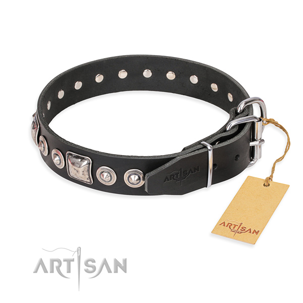 Full grain natural leather dog collar made of top rate material with corrosion proof adornments
