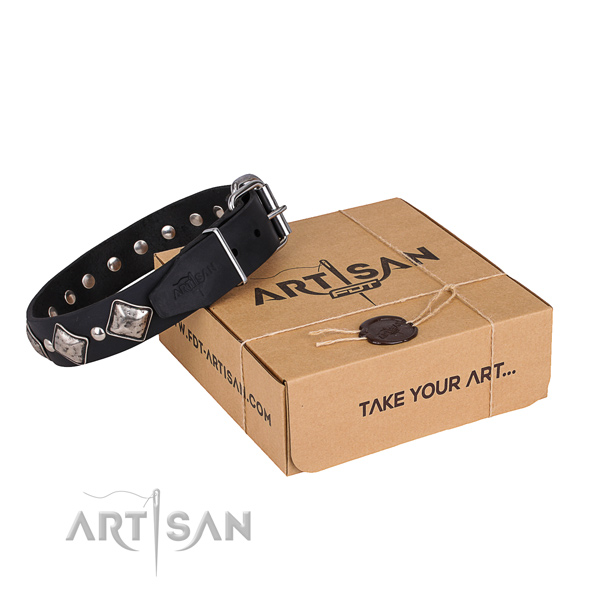 Easy wearing dog collar of finest quality genuine leather with embellishments