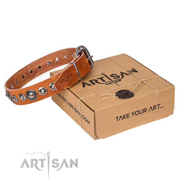 Full grain genuine leather dog collar made of top notch material with reliable fittings