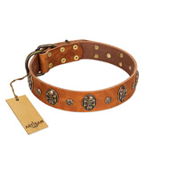 "Rockstar" FDT Artisan Tan Leather Bullmastiff Collar with Engraved Studs and Medallions