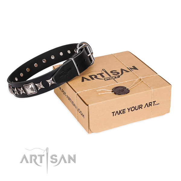 Daily use dog collar of quality genuine leather with decorations