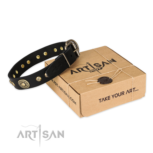 Rust resistant D-ring on genuine leather dog collar for comfortable wearing