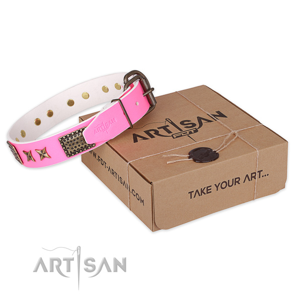 Reliable buckle on genuine leather collar for your beautiful pet