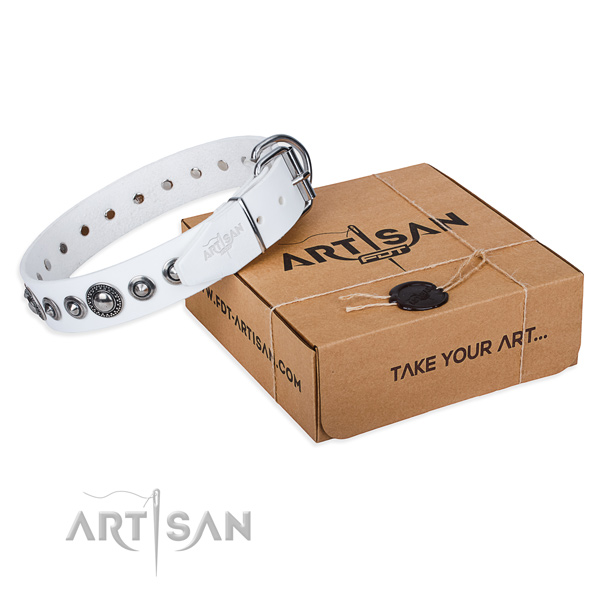 Natural genuine leather dog collar made of soft material with corrosion proof hardware