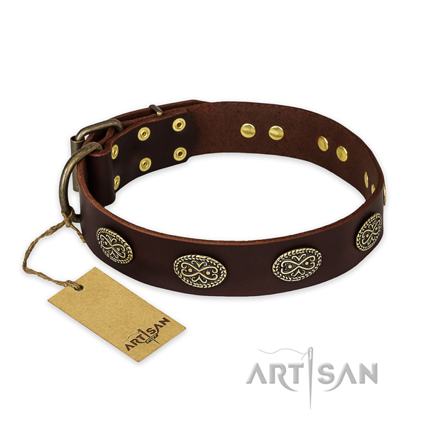 Easy to adjust natural genuine leather dog collar with rust resistant hardware