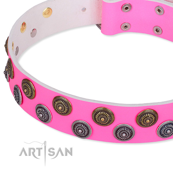 Comfortable wearing decorated dog collar of reliable full grain natural leather