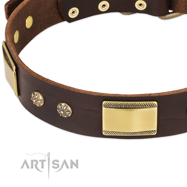 Strong D-ring on full grain natural leather dog collar for your canine