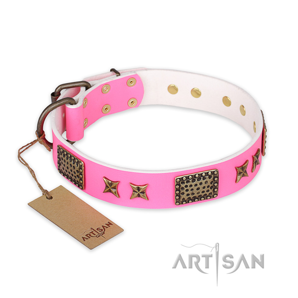 Comfortable natural genuine leather dog collar with corrosion resistant fittings