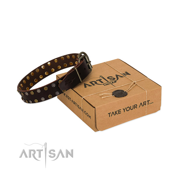 Daily walking soft to touch genuine leather dog collar with embellishments
