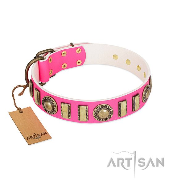 Easy to adjust full grain natural leather dog collar with corrosion proof traditional buckle