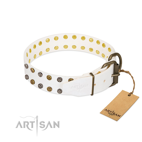 Inimitable natural leather dog collar with reliable decorations
