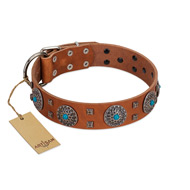 "Blue Sands" FDT Artisan Tan Leather Bullmastiff Collar with Silver-like Studs and Round Conchos with Stones