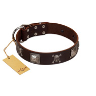 "Nut-Brown Finery" Embellished FDT Artisan Brown Leather Bullmastiff Collar with Chrome Plated Crossbones and Plates