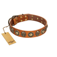 "Golden Epoch" FDT Artisan Tan Leather Bullmastiff Collar with Old Bronze-plated Medallions and Conchos