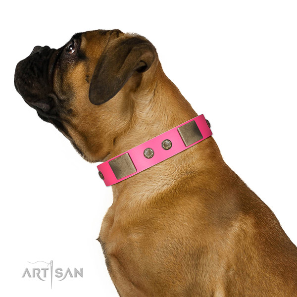 Strong hardware on full grain genuine leather dog collar for fancy walking