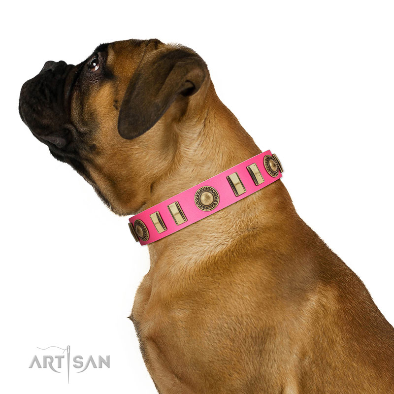 La Femme FDT Artisan Pink Leather Dog Collar with Ornate Brooches