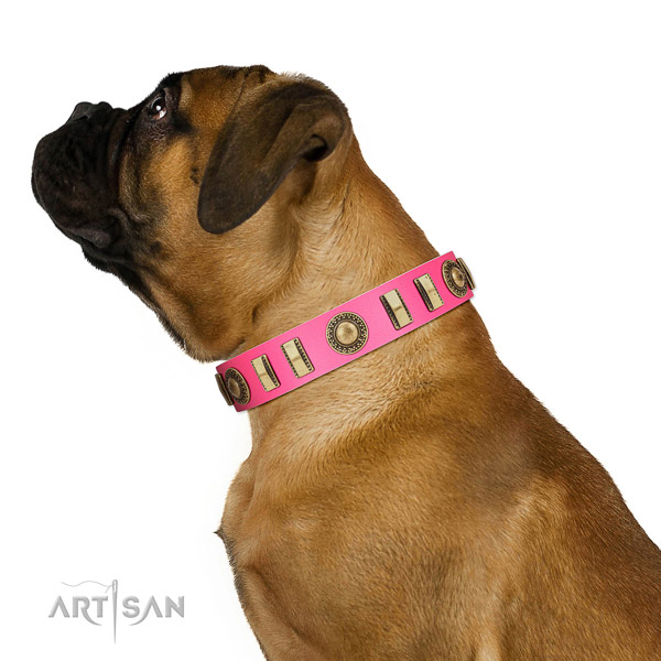 Decorated natural leather dog collar with reliable buckle