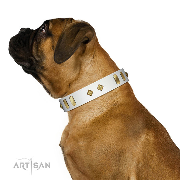Comfortable wearing high quality natural leather dog collar with decorations