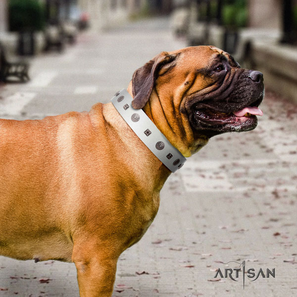 Bullmastiff easy adjustable full grain genuine leather collar with decorations for your canine