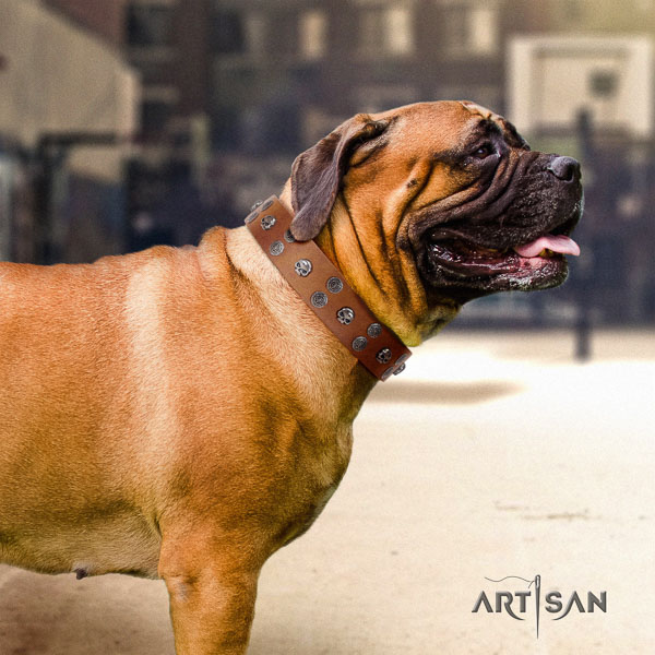 Bullmastiff impressive natural genuine leather collar with decorations for your pet