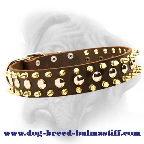 Bullmastiff leather dog collar with impressive columns of studs and spikes  [S59##1014 3 spikes+3 brass studs leather collar] : Bullmastiff dog  harness, Bullmastiff dog muzzle, Bullmastiff dog collar, Dog leashes