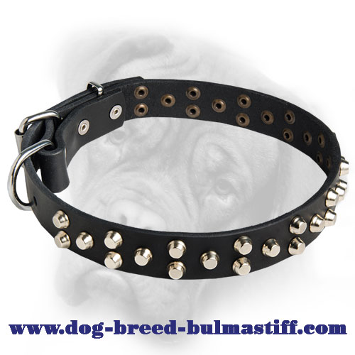 Bullmastiff genuine leather dog collar adorned with 3 rows of pyramids