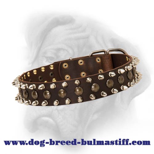 Bullmastiff comfy leather dog collar with spikes and studs - Click Image to Close
