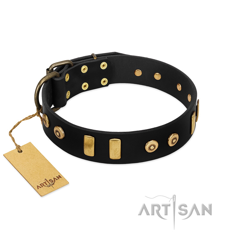 "Rare Dog" FDT Artisan Black Leather Bullmastiff Collar with Old Bronze-like Dotted Studs and Tiles