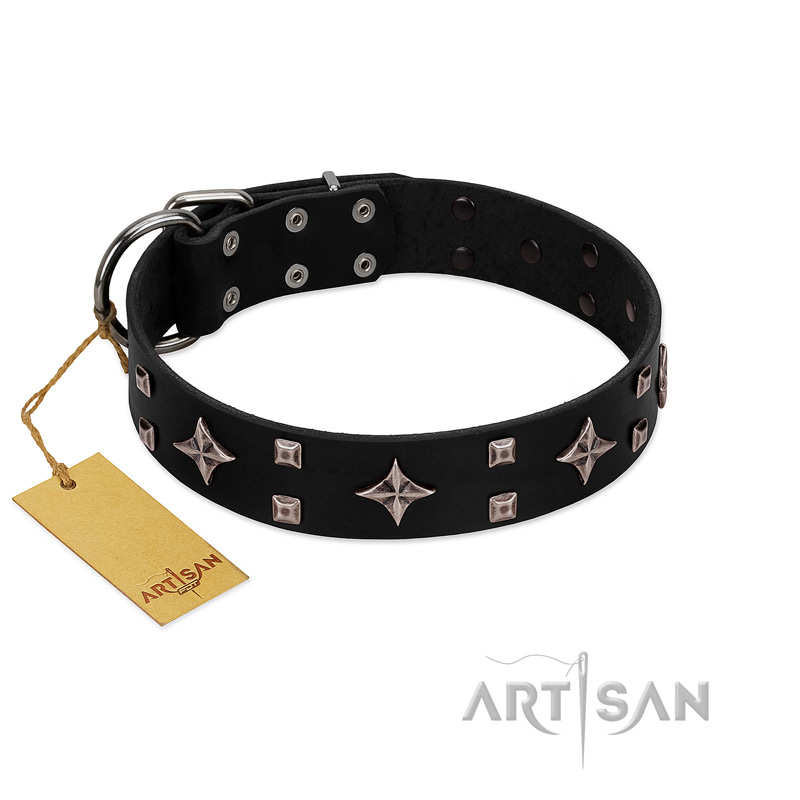 "Snappy Dresser" FDT Artisan Black Leather Bullmastiff Collar Adorned with Stars and Tiny Squares
