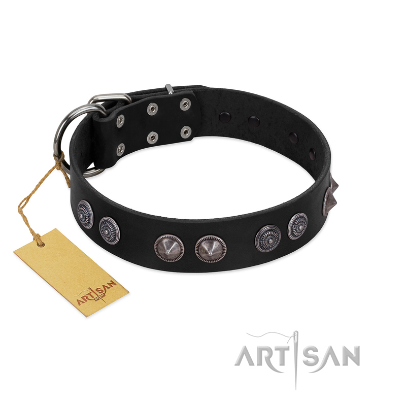 "Silver Medallions" Mod FDT Artisan Black Leather Bullmastiff Collar with Round Plates