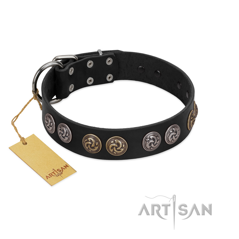 "Mister Exclusive" Designer FDT Artisan Black Leather Bullmastiff Collar with Medallions