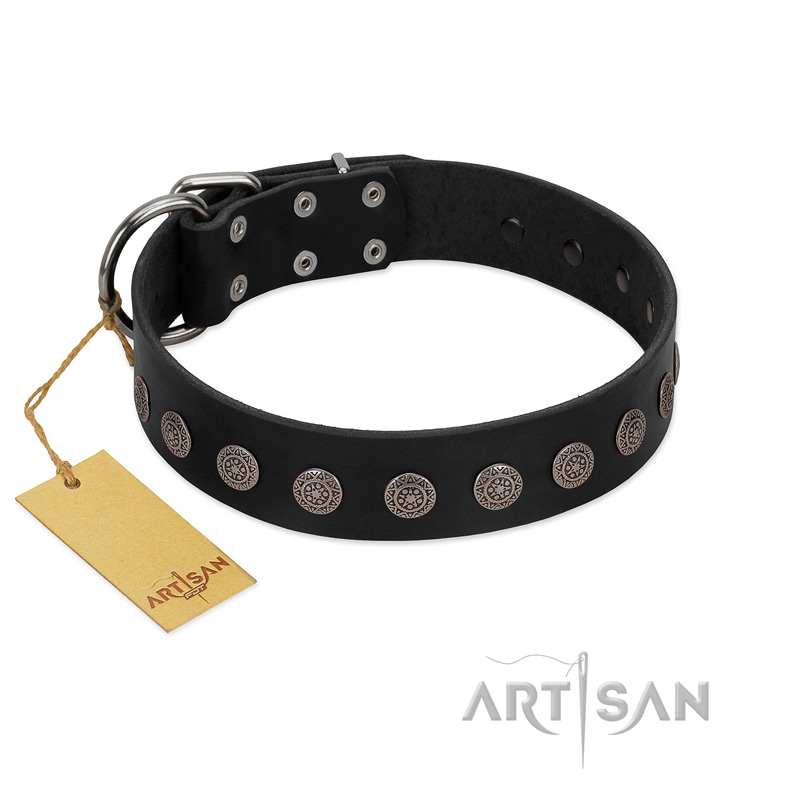 "Silent Star" Handmade FDT Artisan Designer Black Leather Bullmastiff Collar with Engraved Plates