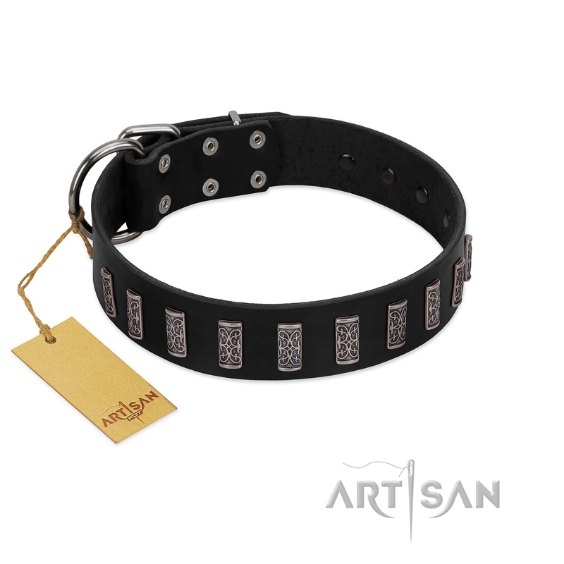 "Black Prince" Handmade FDT Artisan Black Leather Bullmastiff Collar with Silver-Like Adornments