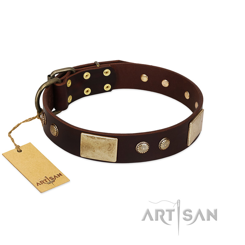 "Middle Age" FDT Artisan Brown Leather Bullmastiff Collar with Old Bronze-Plated Engraved Flowers and Large Plates