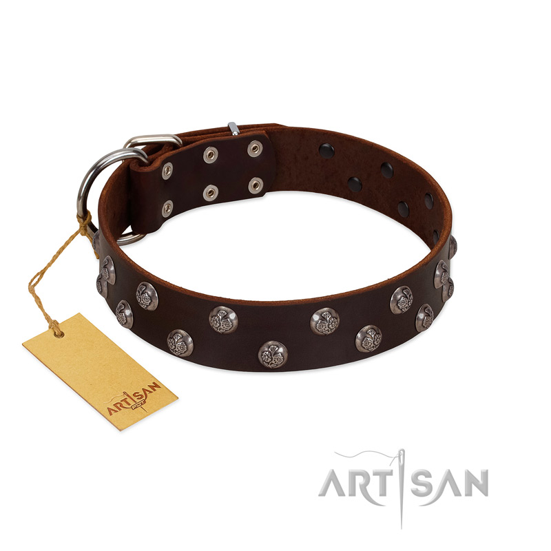"Blossom Jewel" FDT Artisan Brown Leather Bullmastiff Collar with Two Rows of Silver-like Studs with Engraved Flowers