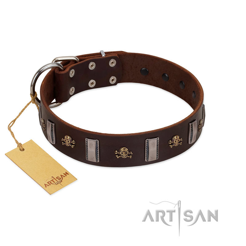 "War Chief" FDT Artisan Genuine Brown Leather Bullmastiff Collar with Skulls and Plates