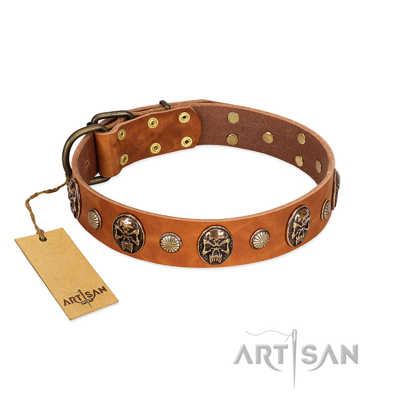 "Call of Feat" FDT Artisan Tan Leather Bullmastiff Collar with Old Bronze-like Studs and Oval Brooches