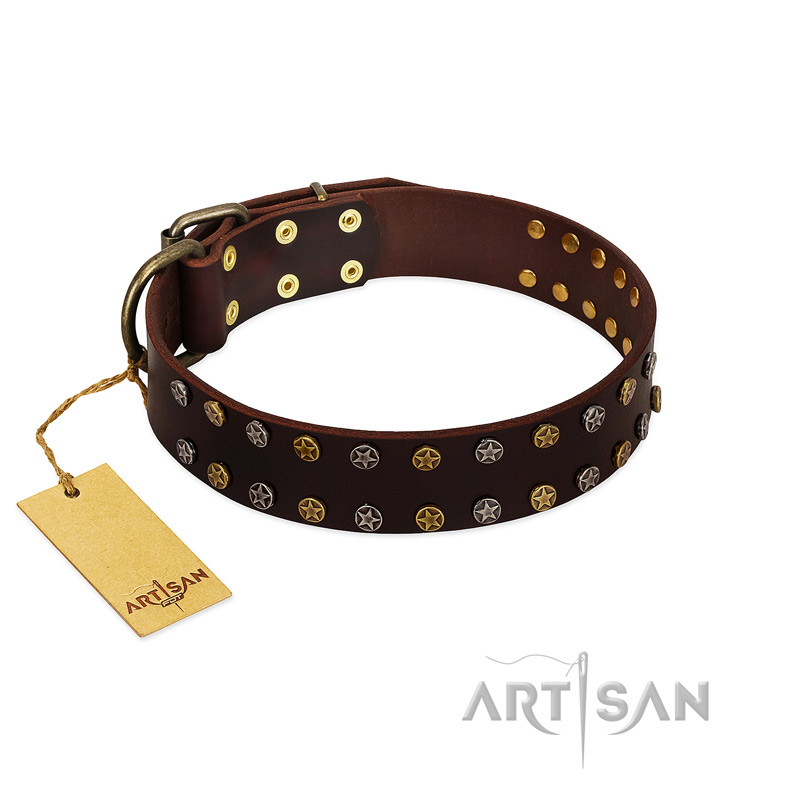 "To the Moon and Back" FDT Artisan Brown Leather Bullmastiff Collar with Bronze-like Star Studs - Click Image to Close