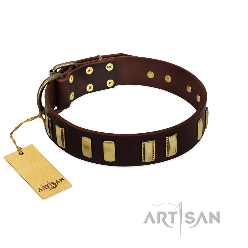 "Peace and Harmony" FDT Artisan Brown Leather Bullmastiff Collar with Plates