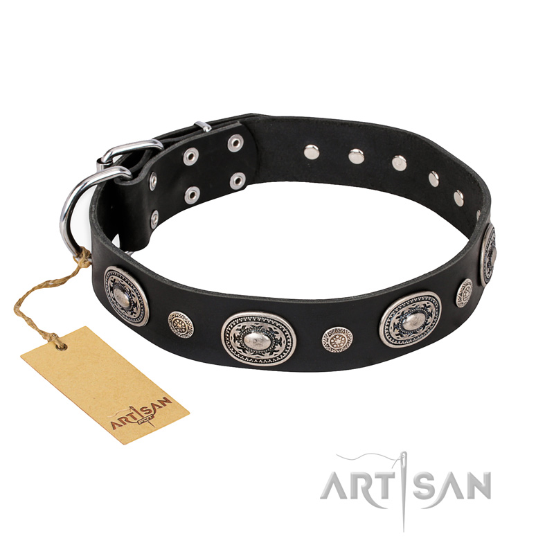 "Black Tie" FDT Artisan Leather Bullmastiff Collar with Old Silver-like Decorations