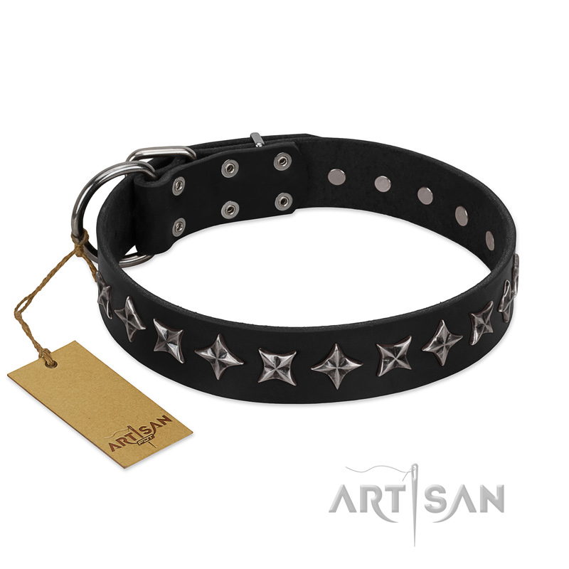 "Lights-out" FDT Artisan Black Leather Bullmastiff Collar with Silver-like Set of Stars
