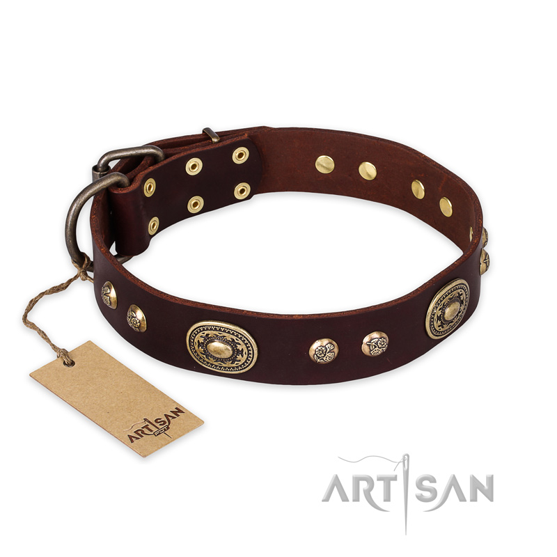 "Breath of Elegance" FDT Artisan Decorated with Plates Brown Leather Bullmastiff Collar