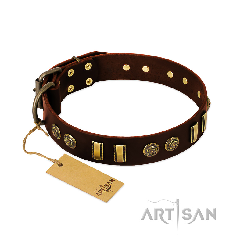 "Golden Elegance" FDT Artisan Brown Leather Bullmastiff Collar with Old Bronze-like Decorations